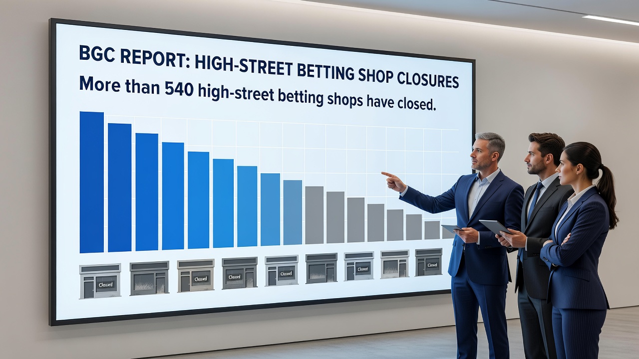 Interior view of a traditional UK betting shop with betting terminals and seating areas now sparsely occupied