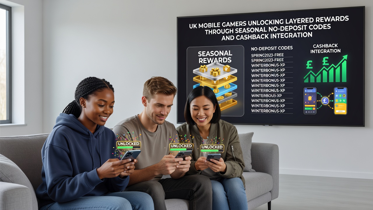 Mobile gaming interface displaying layered rewards from no-deposit codes and cashback calculations
